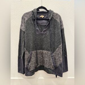 Democracy Color Block Knit Sweater With Front Kangaroo Pocket And Lace Up Neck